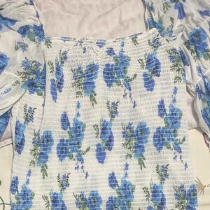 VENUS Blue and White Smocked 3/4 Sleeve Blouse
